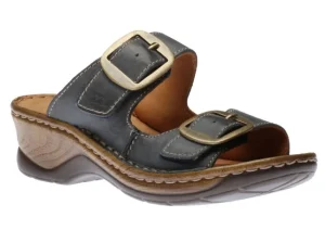 Josef Seibel Catalonia 76 Dark Blue Leather Big Buckle Slide Wedge Sandal | Women Women's Slide | Women's Sandal