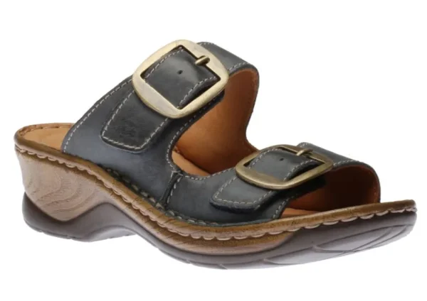 Josef Seibel Catalonia 76 Dark Blue Leather Big Buckle Slide Wedge Sandal | Women Women's Slide | Women's Sandal