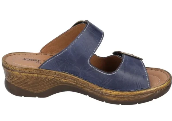 Josef Seibel Catalonia 76 Dark Blue Leather Big Buckle Slide Wedge Sandal | Women Women's Slide | Women's Sandal