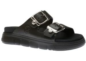 Rieker Eva Black Double Strap Silver Buckle Slide Sandal | Women Women's Slide | Women's Sandal