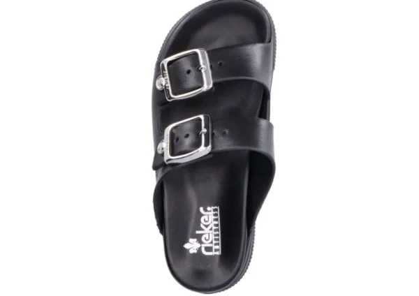 Rieker Eva Black Double Strap Silver Buckle Slide Sandal | Women Women's Slide | Women's Sandal