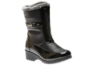 Shoe Tech Front Zipper Faux Fur Trim Black Patent Vegan Leather Winter Boot | Women Women's Boot