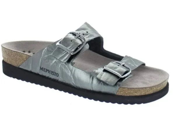 Mephisto Harmony Metallic Grey Leather Crinkle Slide Sandal | Women Women's Slide