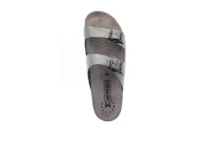 Mephisto Harmony Metallic Grey Leather Crinkle Slide Sandal | Women Women's Slide