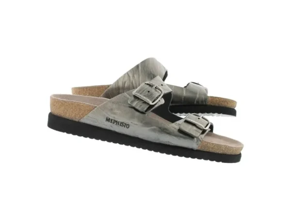 Mephisto Harmony Metallic Grey Leather Crinkle Slide Sandal | Women Women's Slide