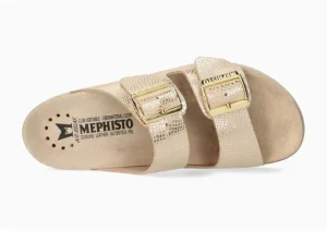 Mephisto Hester Light Sand Gold Buckle Textured Leather Slide Sandal | Women Women's Slide | Women's Sandal