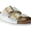 Mephisto Hester White Patent Gold Buckle Slide Sandal | Women Women's Slide | Women's Sandal