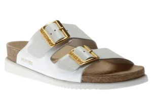 Mephisto Hester White Patent Gold Buckle Slide Sandal | Women Women's Slide | Women's Sandal