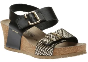 Mephisto Lissandra Cuba Black Gold Textured Leather Wedge Sandal | Women Women's Sandal