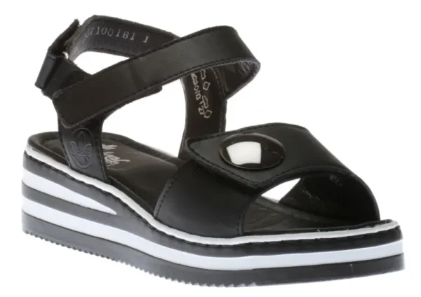 Rieker Luzern Black White Stripe Sole Wedge Sandal | Women Women's Sandal