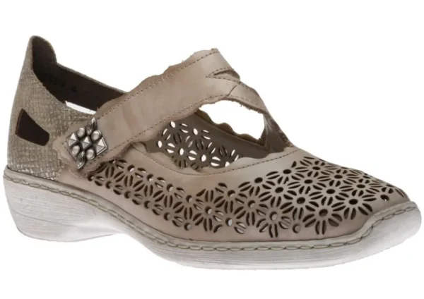 Rieker Ravenna Beige Grey Perforated Cutout Mary Jane Shoe | Women Women's Casual