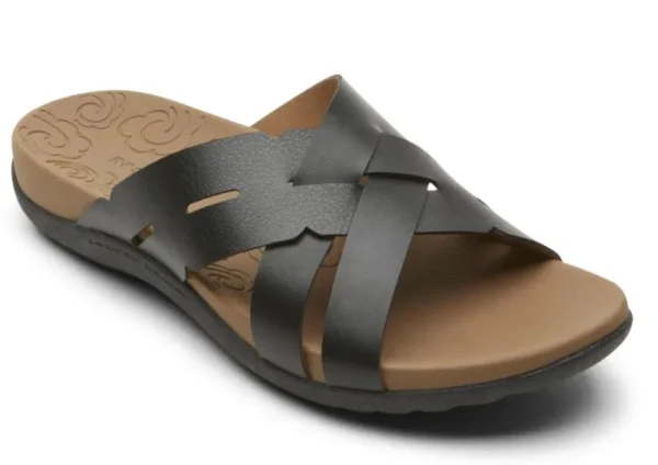 Rockport Ridge Woven Black Leather Slide Sandal | Women Women's Slipper | Women's Slide