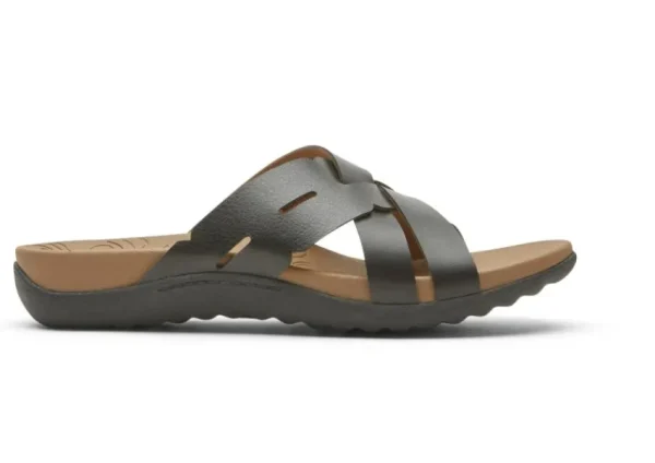 Rockport Ridge Woven Black Leather Slide Sandal | Women Women's Slipper | Women's Slide