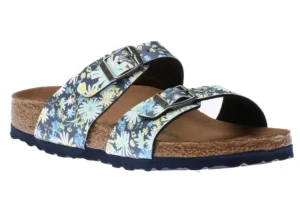 Birkenstock Sydney Vegan Birko-Flor Summer Floral Blue Double Strap Slide Sandal | Women Women's Slide | Women's Sandal